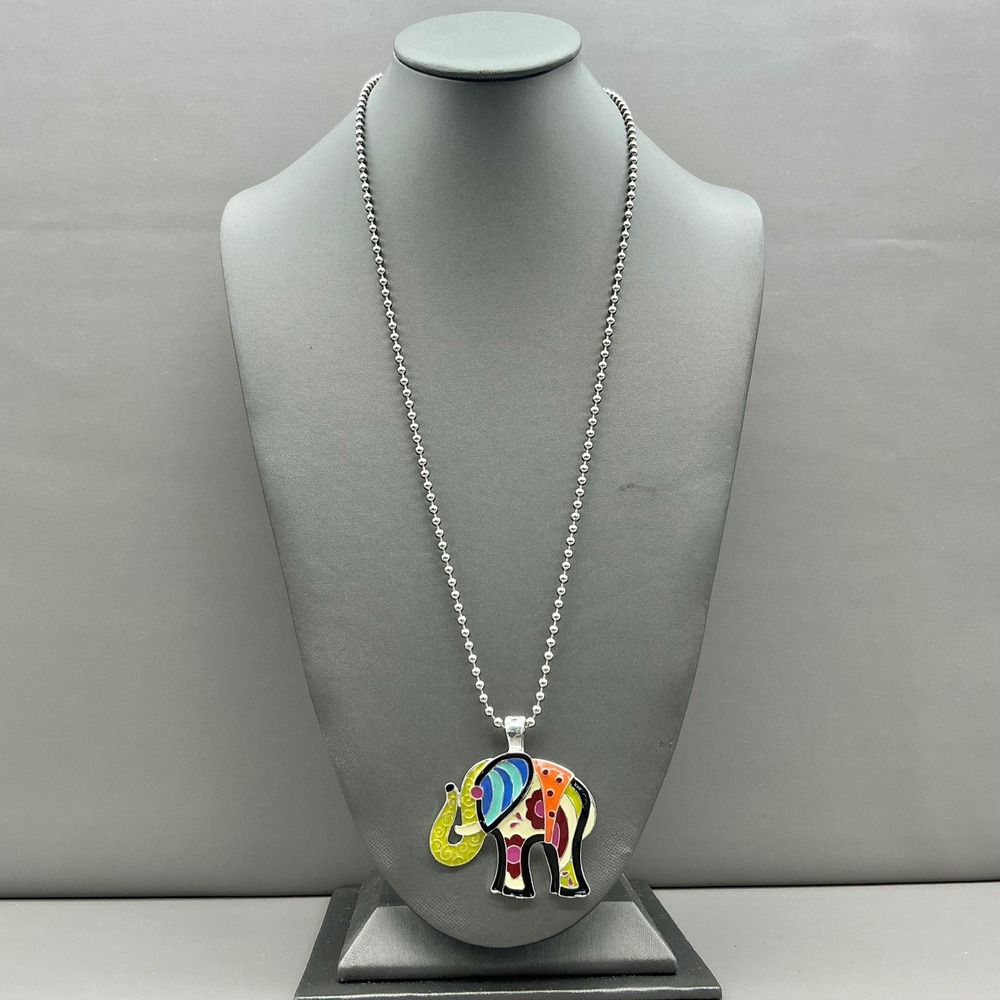 Elephant Pendant Necklace Women Multicolor Enamel Silver Tone Ball Chain 24"